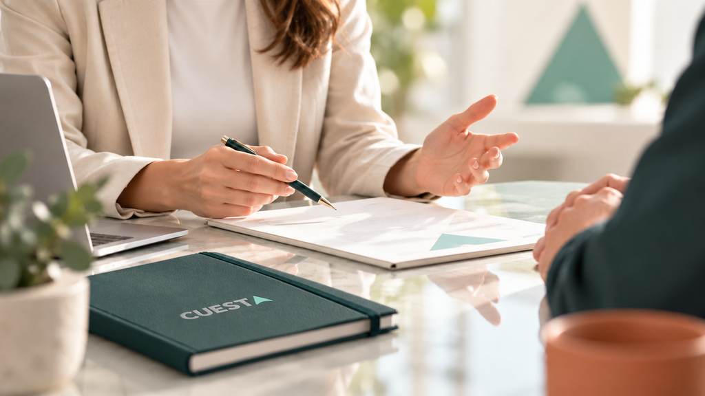 Adviser reviewing documents with a client in a contemporary CUESTA workspace