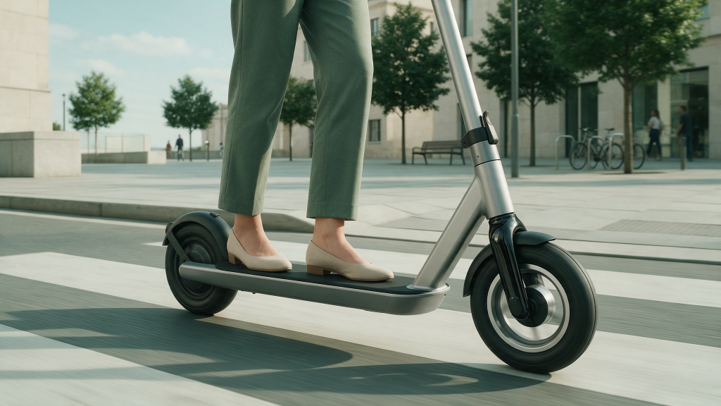 Person riding an electric scooter in a city street