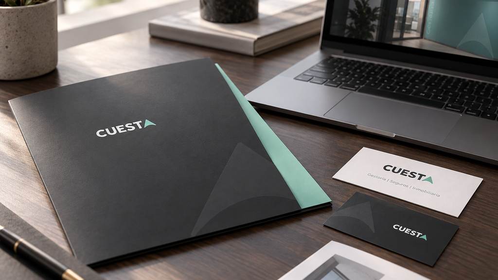 CUESTA corporate folder and stationery on a contemporary office desk